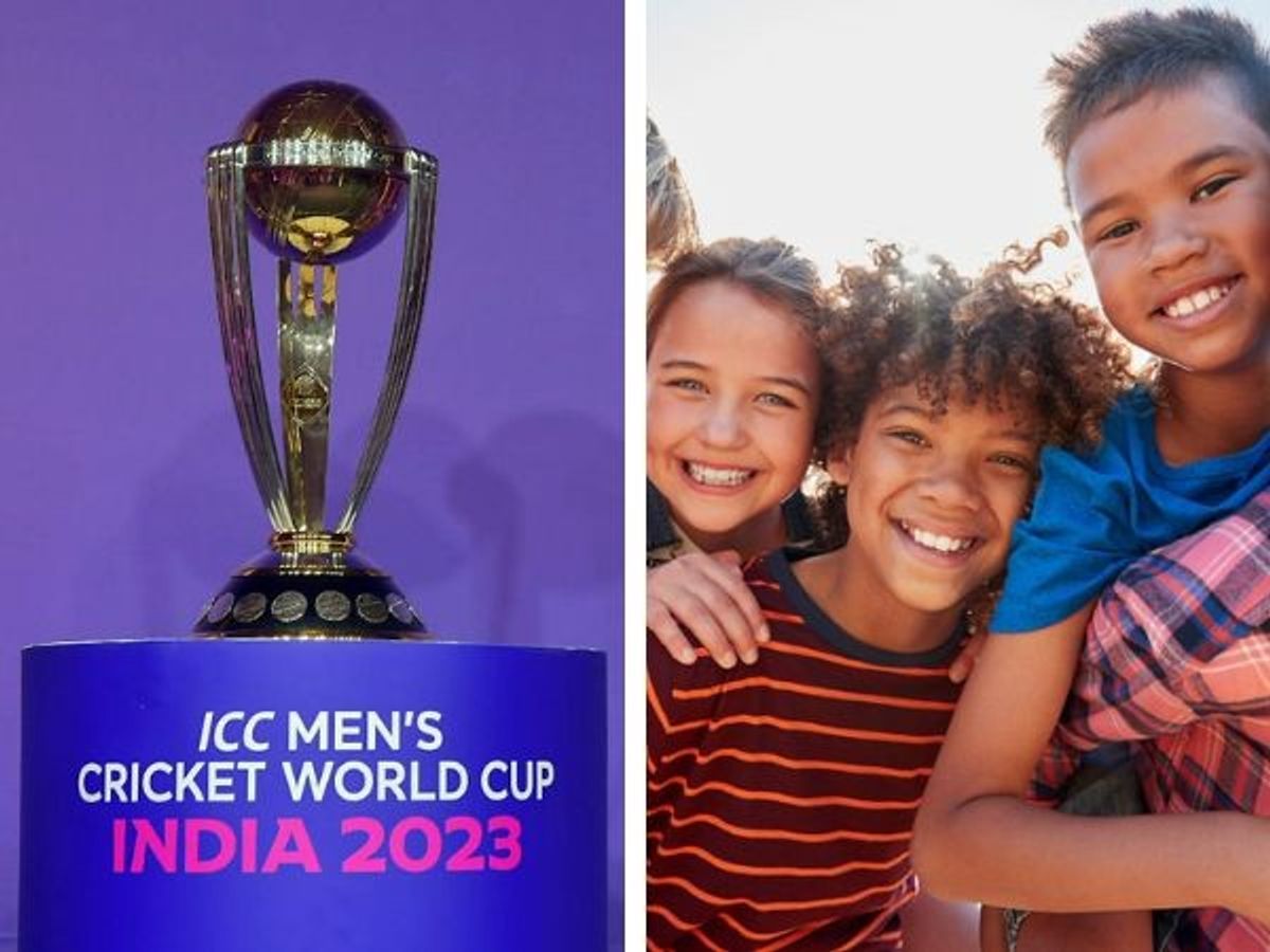 ICC World Cup 2023 trophy and smiling children