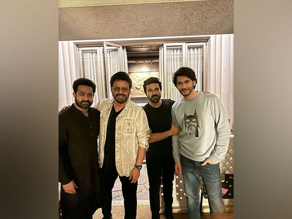 Ram Charan poses with Jr NTR, Mahesh Babu, Venkatesh Daggubati at Diwali party