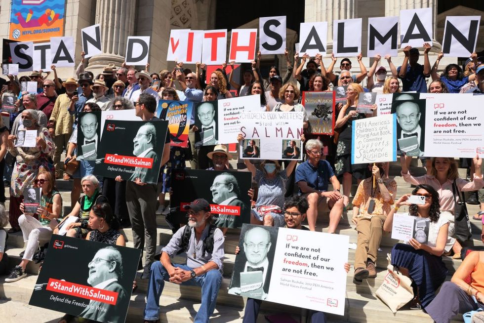 A week after attack, Salman Rushdie allies read from his works at NY event