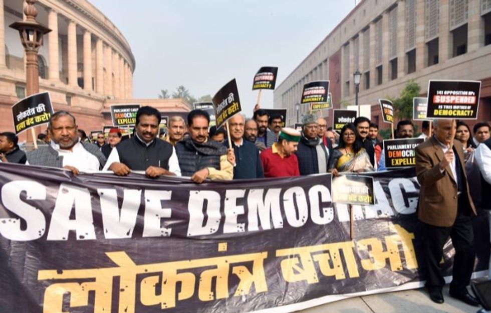 India opposition protest MPs' mass suspension: 'Behave democratically'