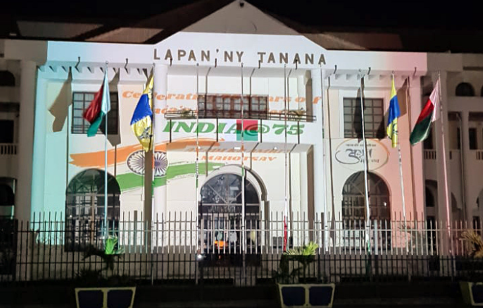 Indian embassy building in Madagascar lit up with 'Vasudhaiva Kutumbakam'