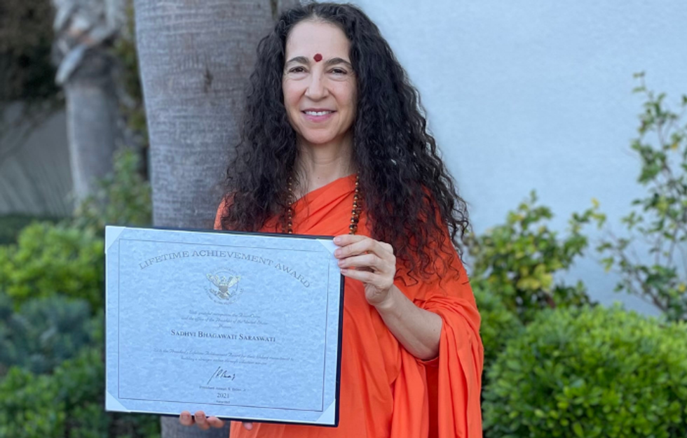 Sadhvi Bhagawati Saraswati gets lifetime award from president Biden