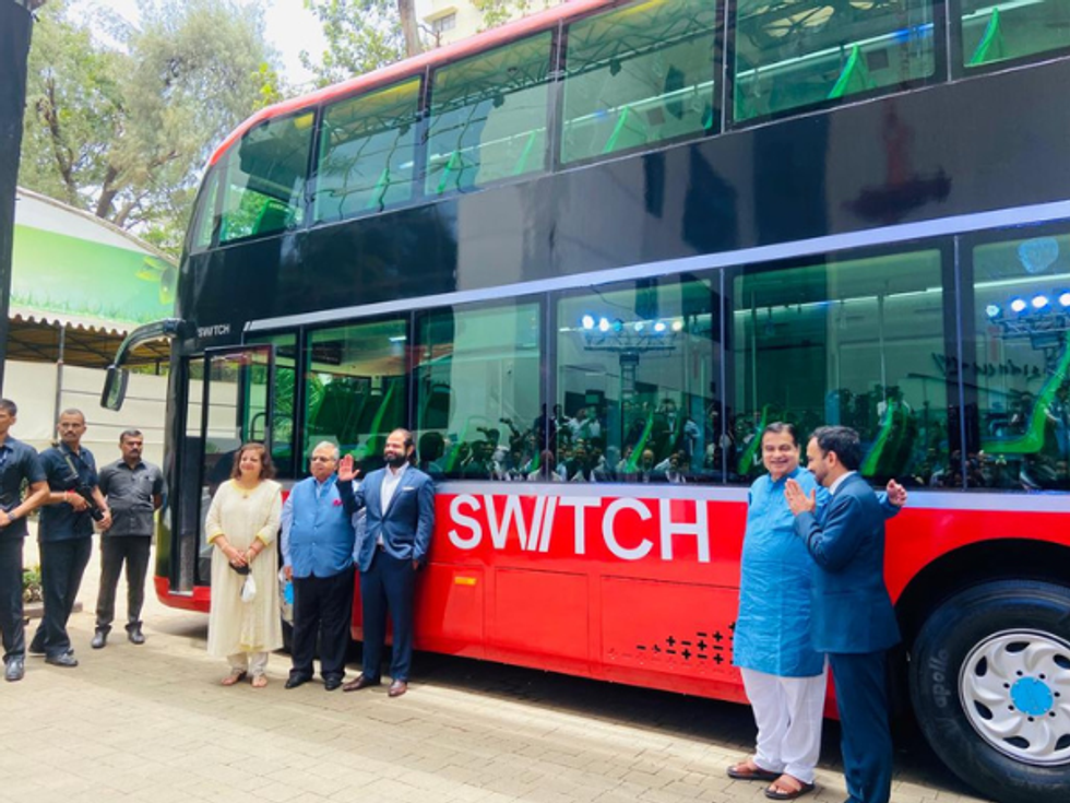 India transport minister Nitin Gadkari launches country's 1st electric double decker bus in Mumbai