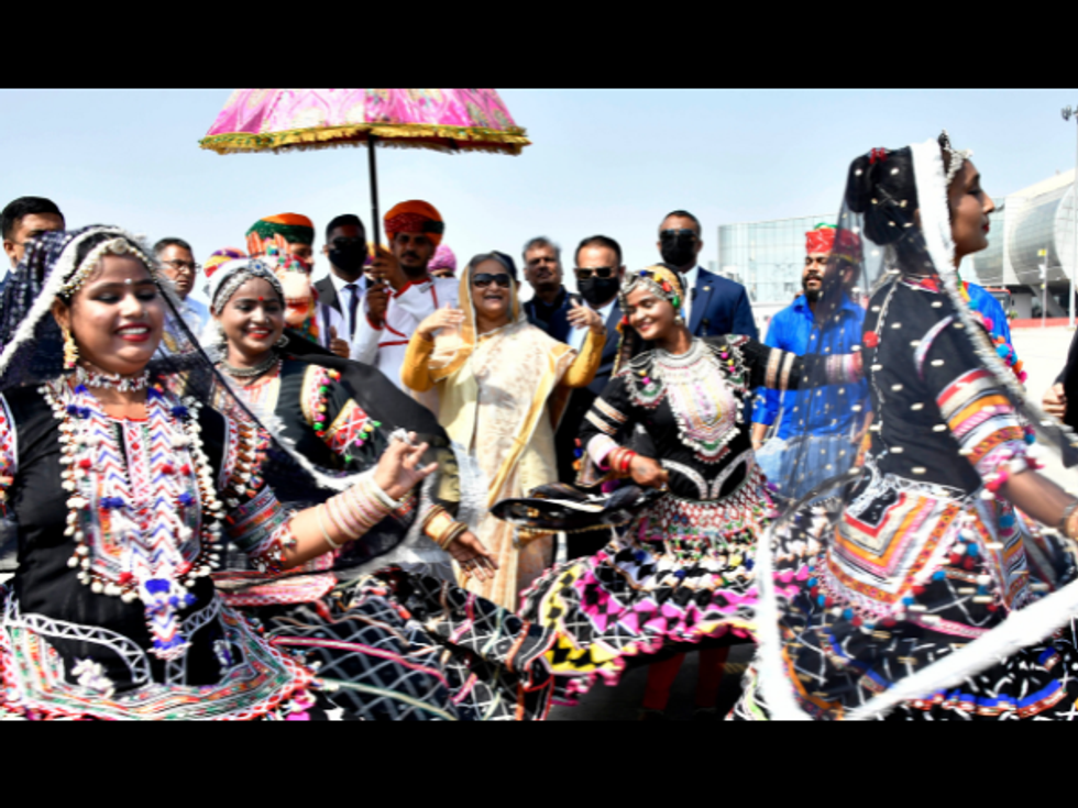 Bangladesh PM Sheikh Hasina dances with local artistes on Indian airport tarmac