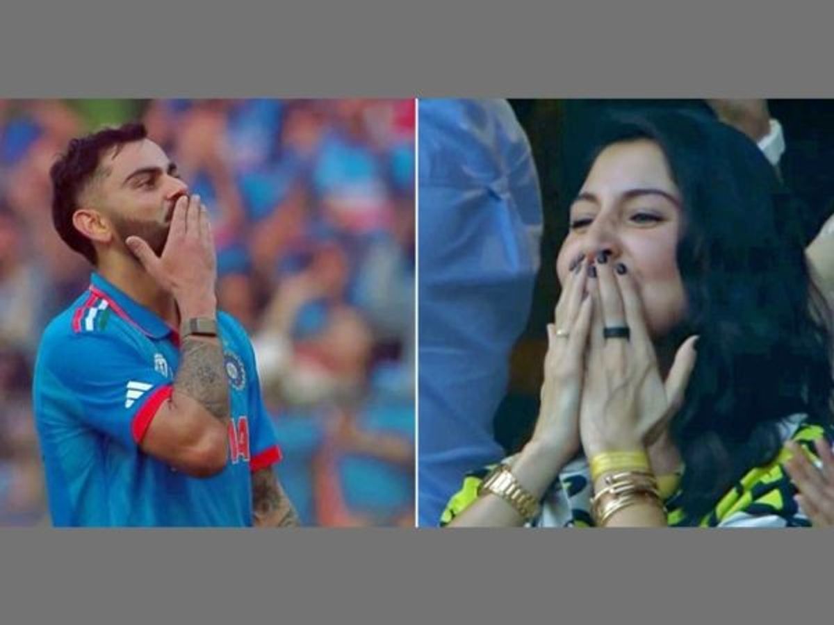 India batter Virat Kohli and his actor-producer wife Anushka Sharma blow flying kiss at each other on his record-breaking century during the semi-final match against New Zealand in the ICC Men's Cricket World Cup 2023, at Wankhede Stadium in Mumbai, India, on Wednesday.