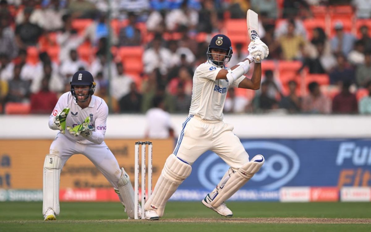 India batter Yashasvi Jaiswal plays a shot against England in the first Test in Hyderabad