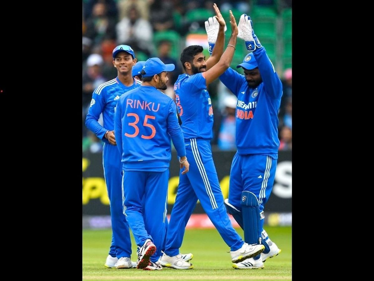 India captain Jasprit Bumrah (third from left) celebrates a wicket during the 1st T20I match against Ireland, at The Village, in Dublin, Ireland, on Friday, August 18, 2023.