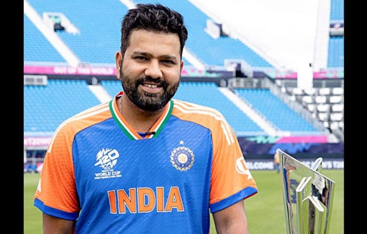 India captain Rohit Sharma with T20 World Cup 2024 trophy ahead of practice game with Bangladesh