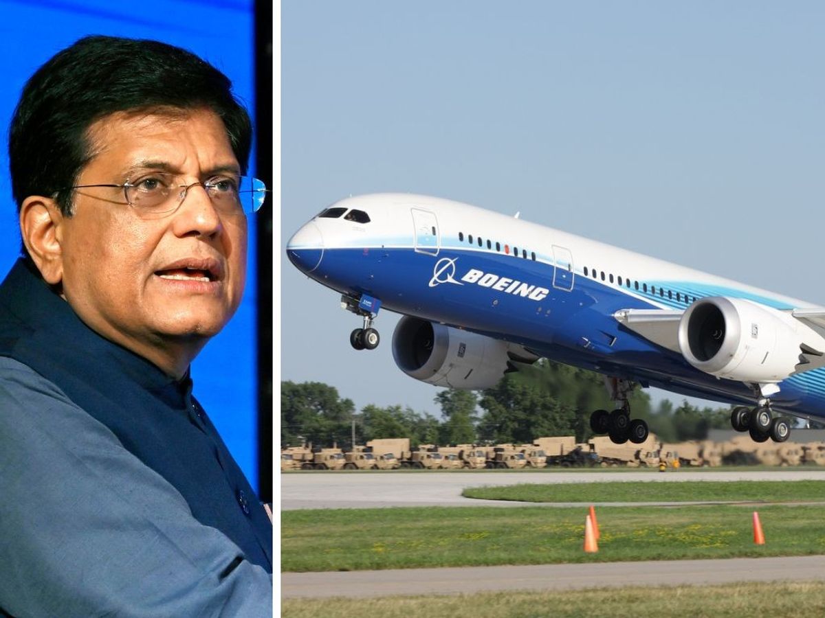 India commerce and trade minister Piyush Goyal (ANI Photo/ Mohd Zakir) and a brand new Boeing 787 Dreamliner in factory paint scheme takes off