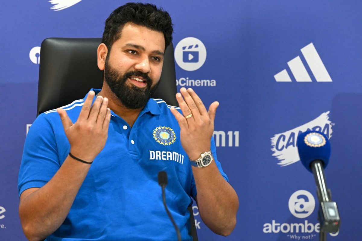 India cricket captain Rohit Sharma addresses the T20 World Cup 2024 press conference at the headquarters of the Indian cricket board in Mumbai