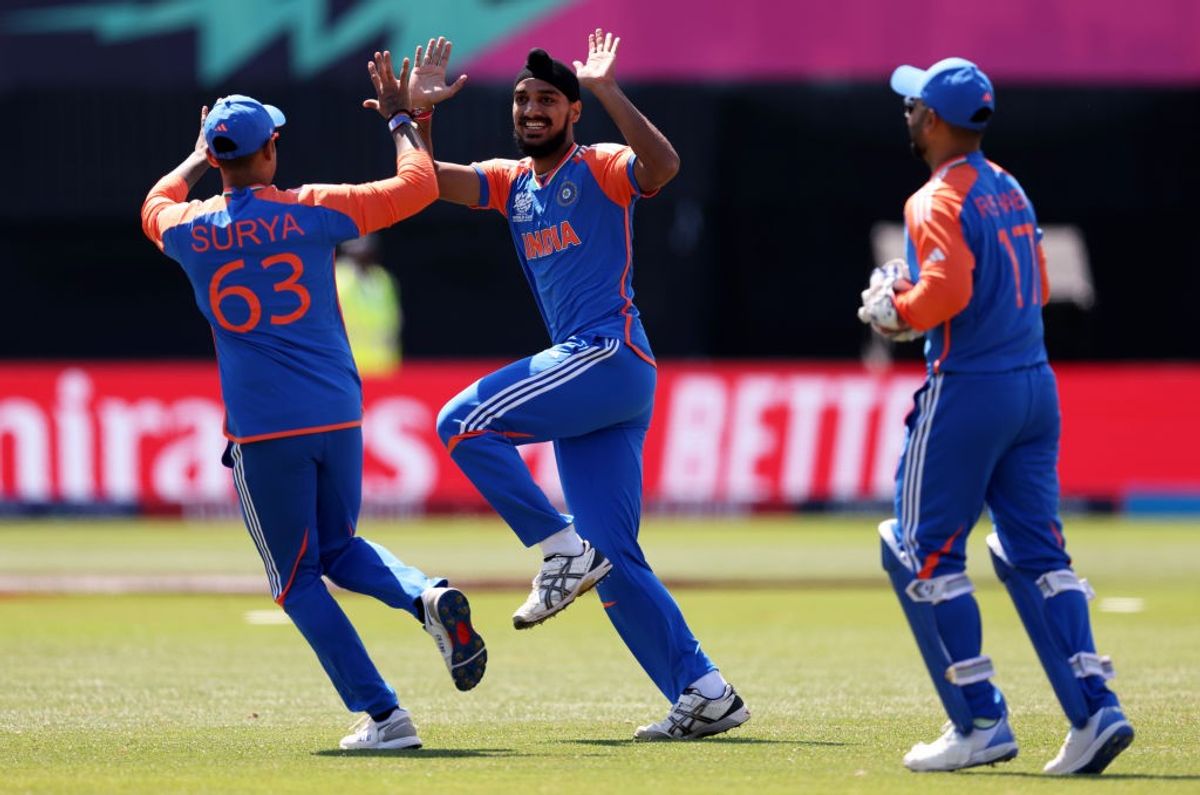 India cricketers celebrate a US wicket in their T20 World Cup match in New York on June 12, 2024.