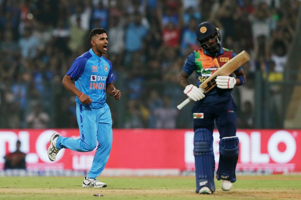India pacer Shivam Mavi celebrates a dismissal during the 1st T20 match against Sri Lanka