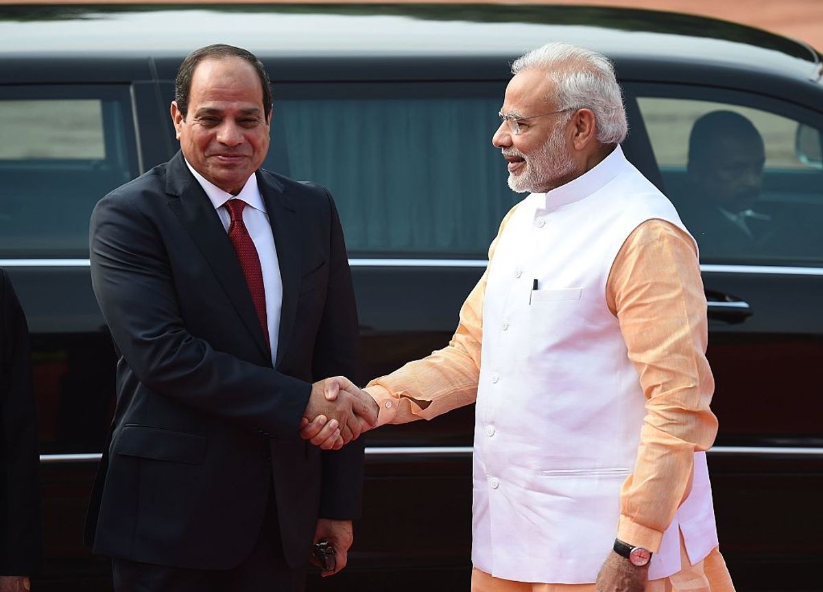 India prime minister Narendra Modi shakes hands with Egyptian president Abdel Fattah El-Sisi in September 2016
