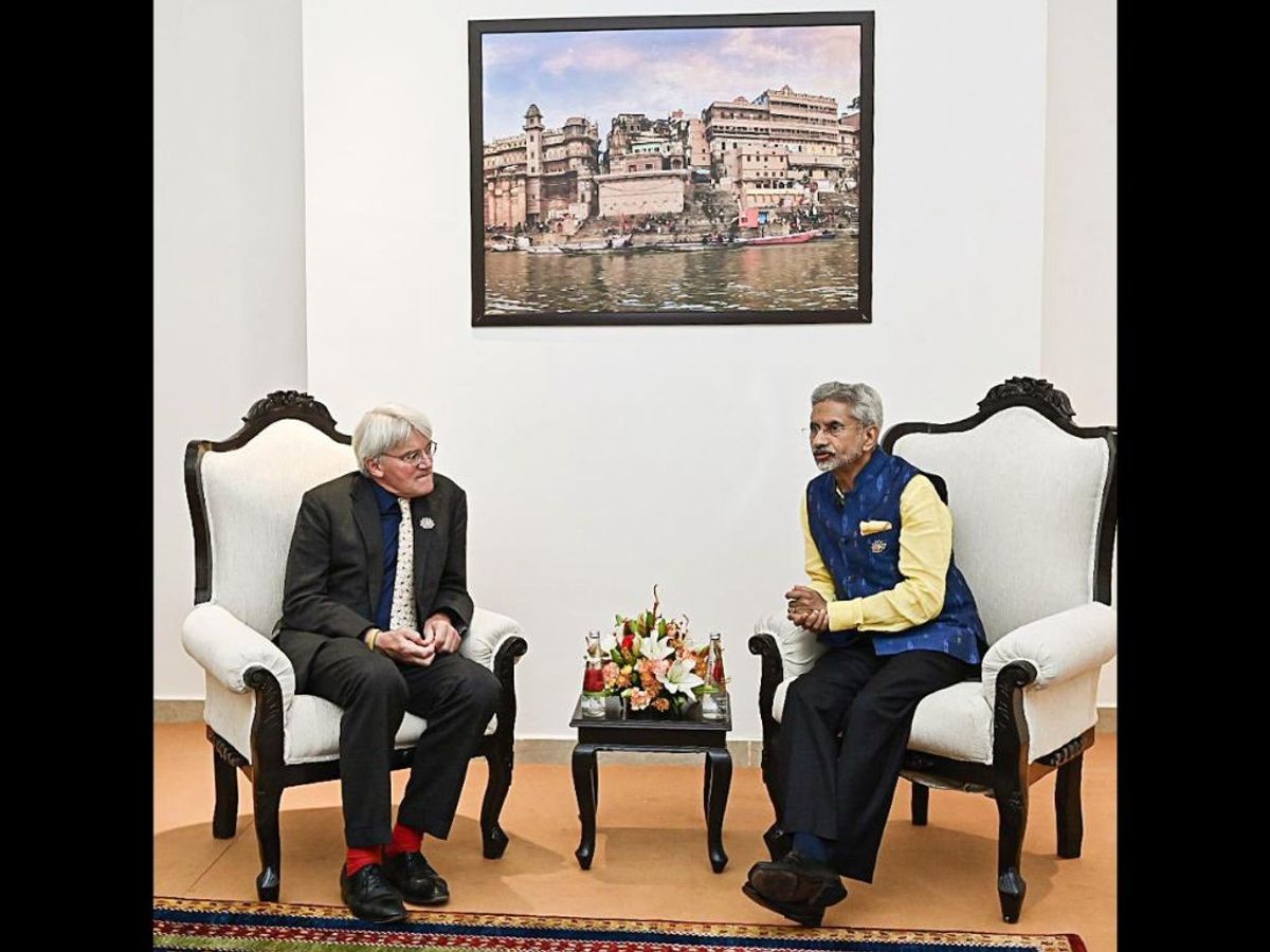 India's external affairs minister Subrahmanyam Jaishankar meets UK minister of state for development and Africa Andrew Mitchell on the sidelines of the G20 development ministers' meeting, in Varanasi, Uttar Pradesh,