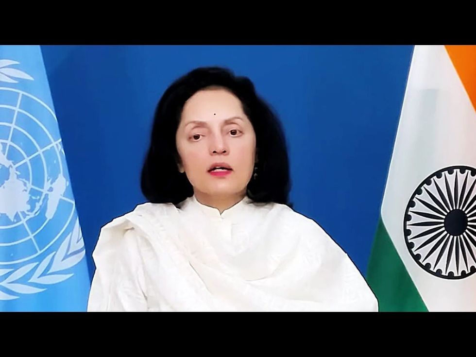 India's permanent representative to the United Nations (UN) Ruchira Kamboj speaks ahead of the ceremony to honour the peacekeepers of the UN, in New York, US.