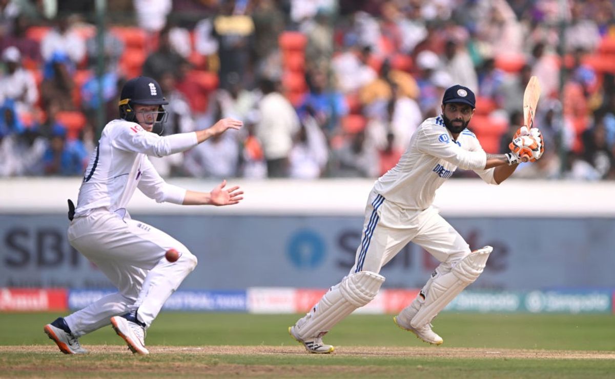 India's Ravindra Jadeja plays a shot against England in 1st Test