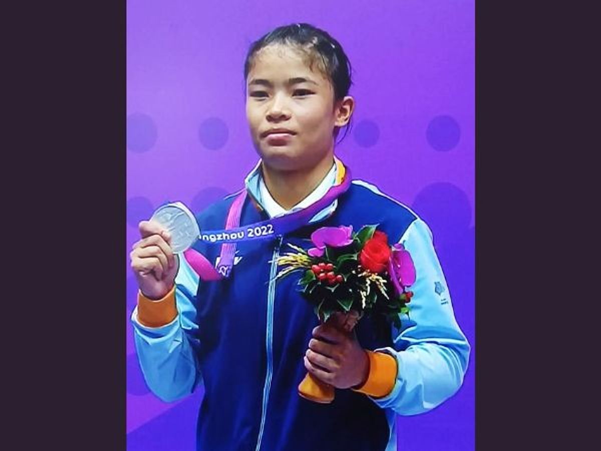 India's Roshibina Devi Naorem after clinching the silver medal in the Wushu women’s 60 kg category at the 19th Asian Games 2023