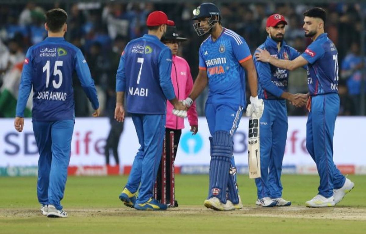 India's Shivam Dube shakes hands with Afghanistan players after his team won the 2nd T20, at Holkar Cricket Stadium in Indore in Madhya Pradesh