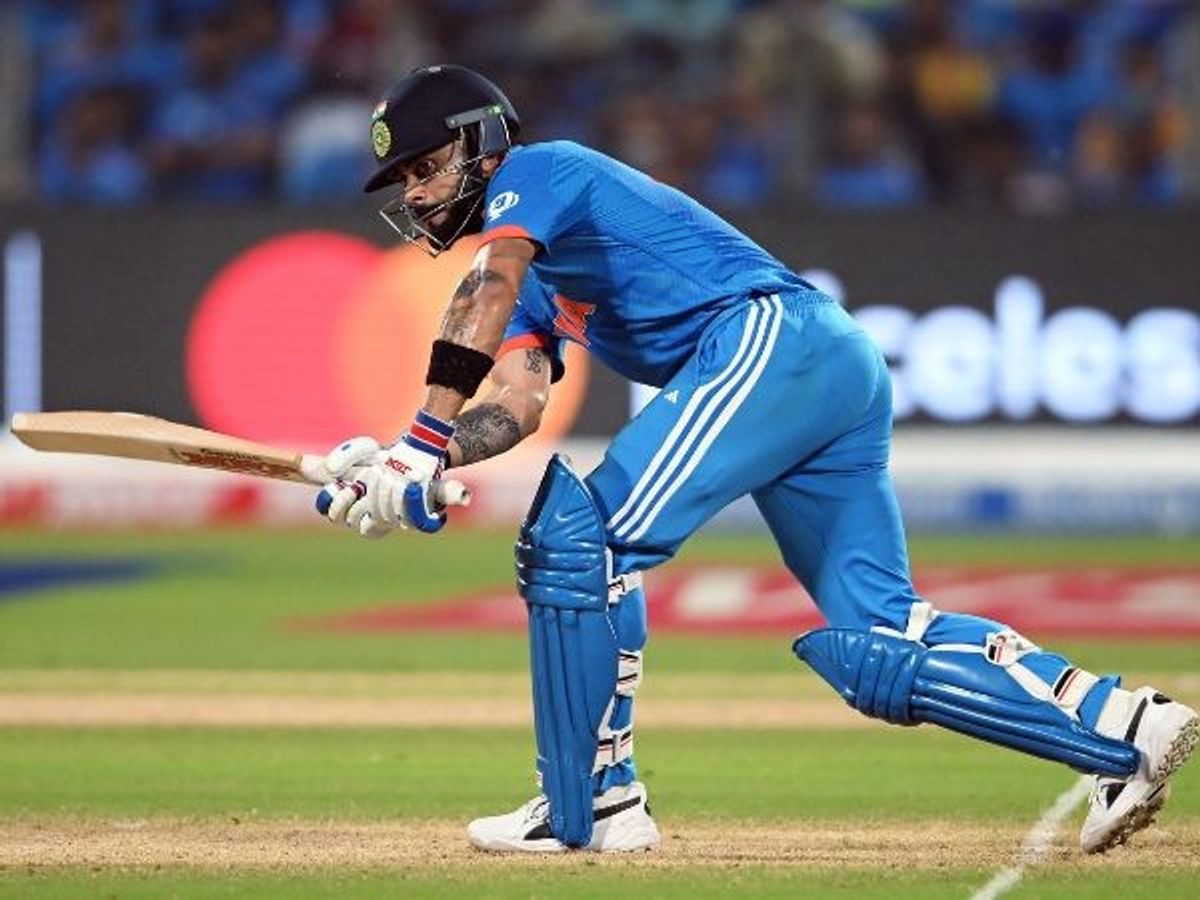 India's Virat Kohli plays a shot in a World Cup 2023 match