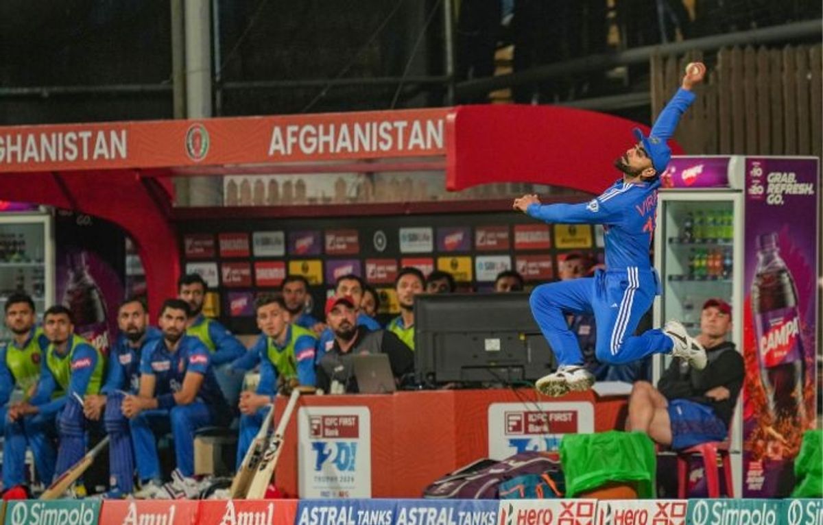 India's Virat Kohli stops a six in a T20 match against Afghanistan
