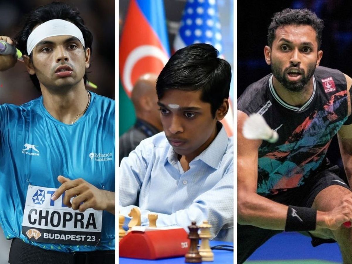 India sportspersons (L-R) Neeraj Chopra, R Praggnanandhaa and HS Pranoy