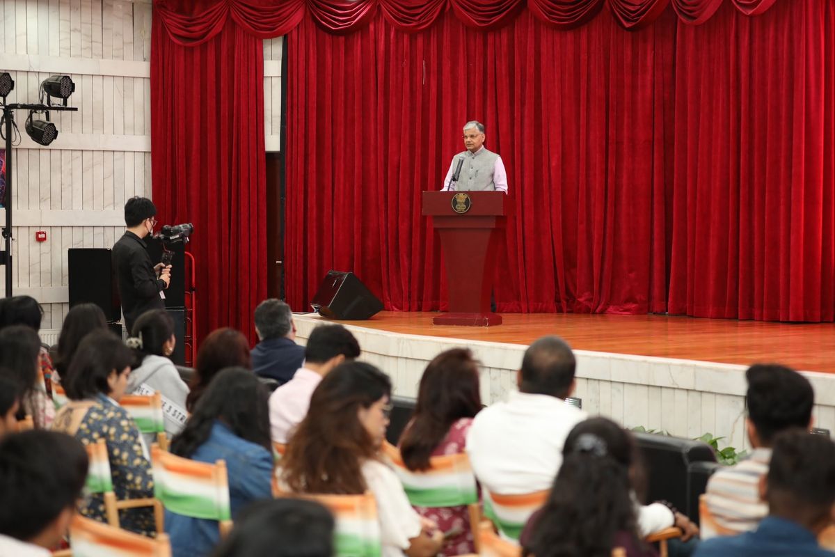 Indian ambassador to China Pradeep Kumar Rawat speaks with Indian students enrolled in Chinese universities at an event in Beijing