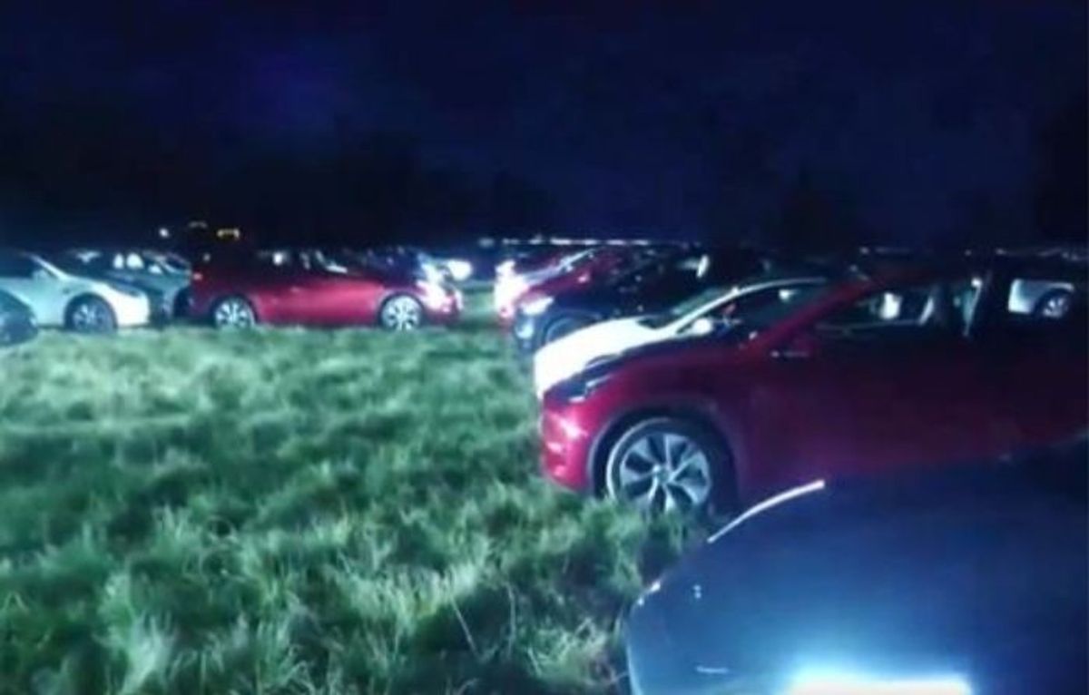 Indian American owners line up their Tesla cars for a light and musical show to celebrate opening of the Ram temple in Ayodhya, India,