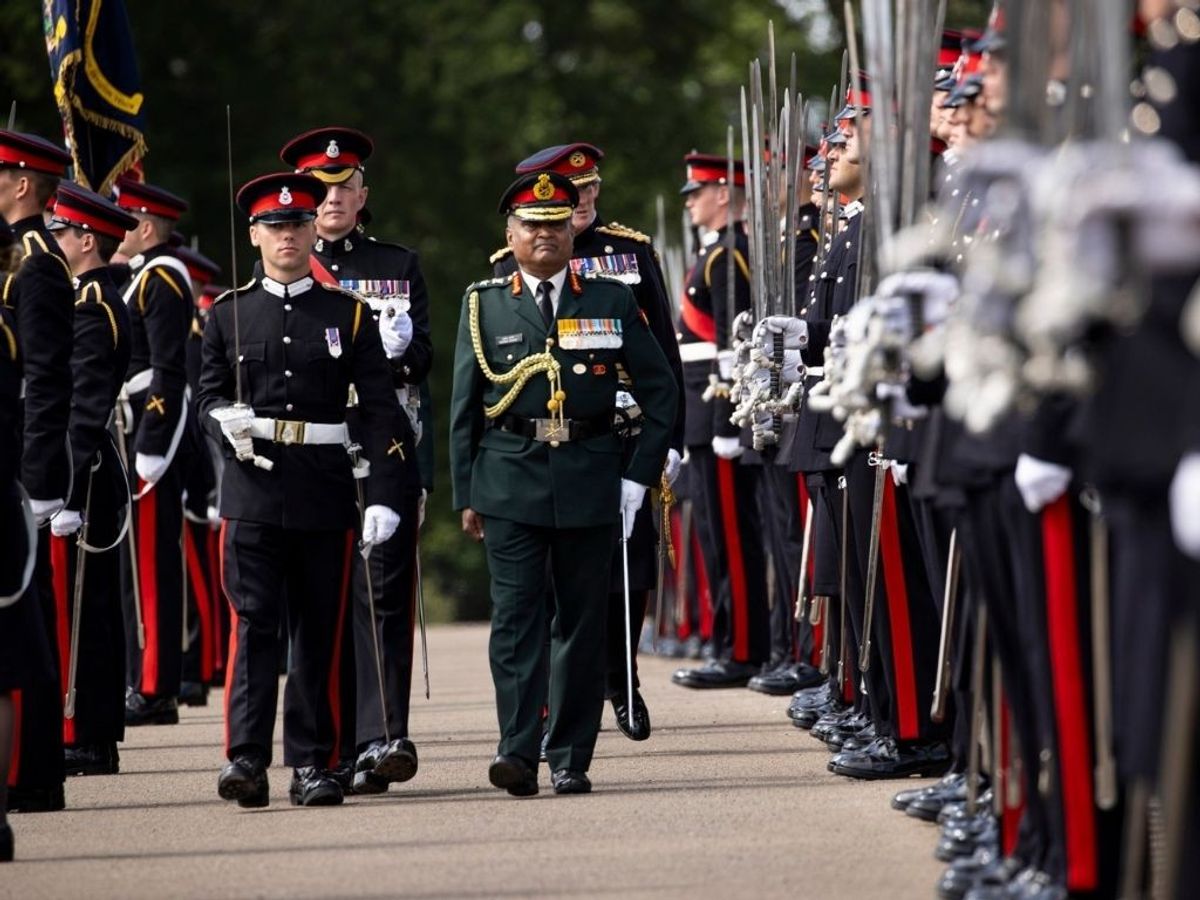 Indian Army chief General Manoj Pande (front right) inspects the Sovereign's Parade at the Royal Military Academy, Sandhurst, UK.