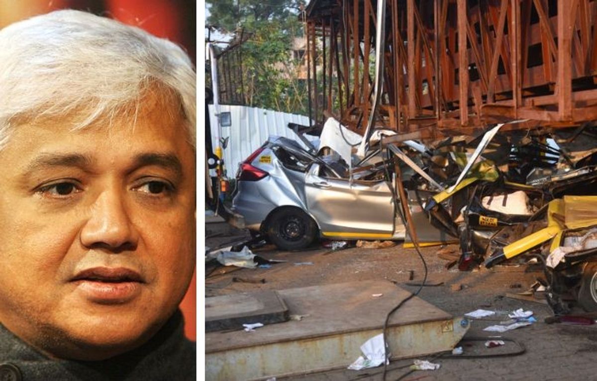 Indian author Amitav Ghosh (L) and the site in Mumbai where a giant billboard crashed on May 13, 2024, killing 14 people.