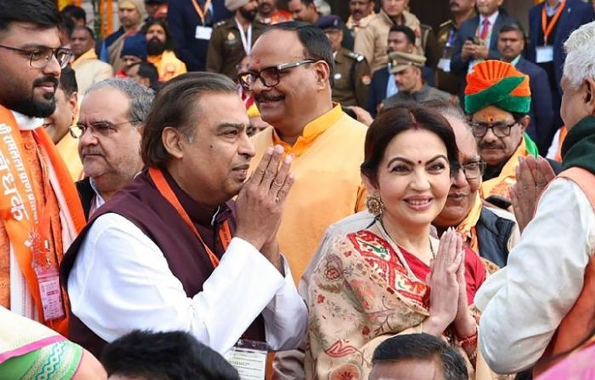 Indian businessman Mukesh Ambani at Ram temple inauguration