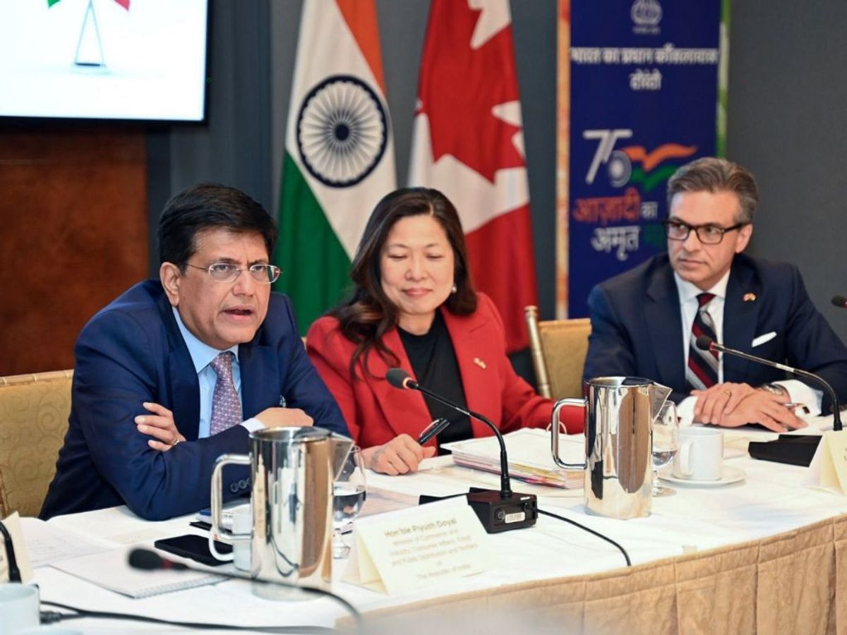 Indian commerce and trade minister Piyush Goyal during an interaction with members of the Indo Canada Chamber of Commerce and Canada India Foundation in Toronto, Canada.