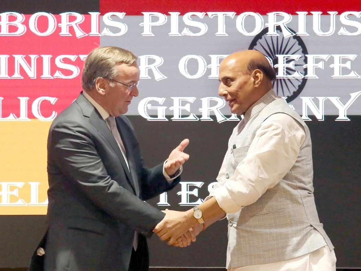 Indian defence minister Rajnath Singh freets his German counterpart Boris Pistorius, in New Delhi
