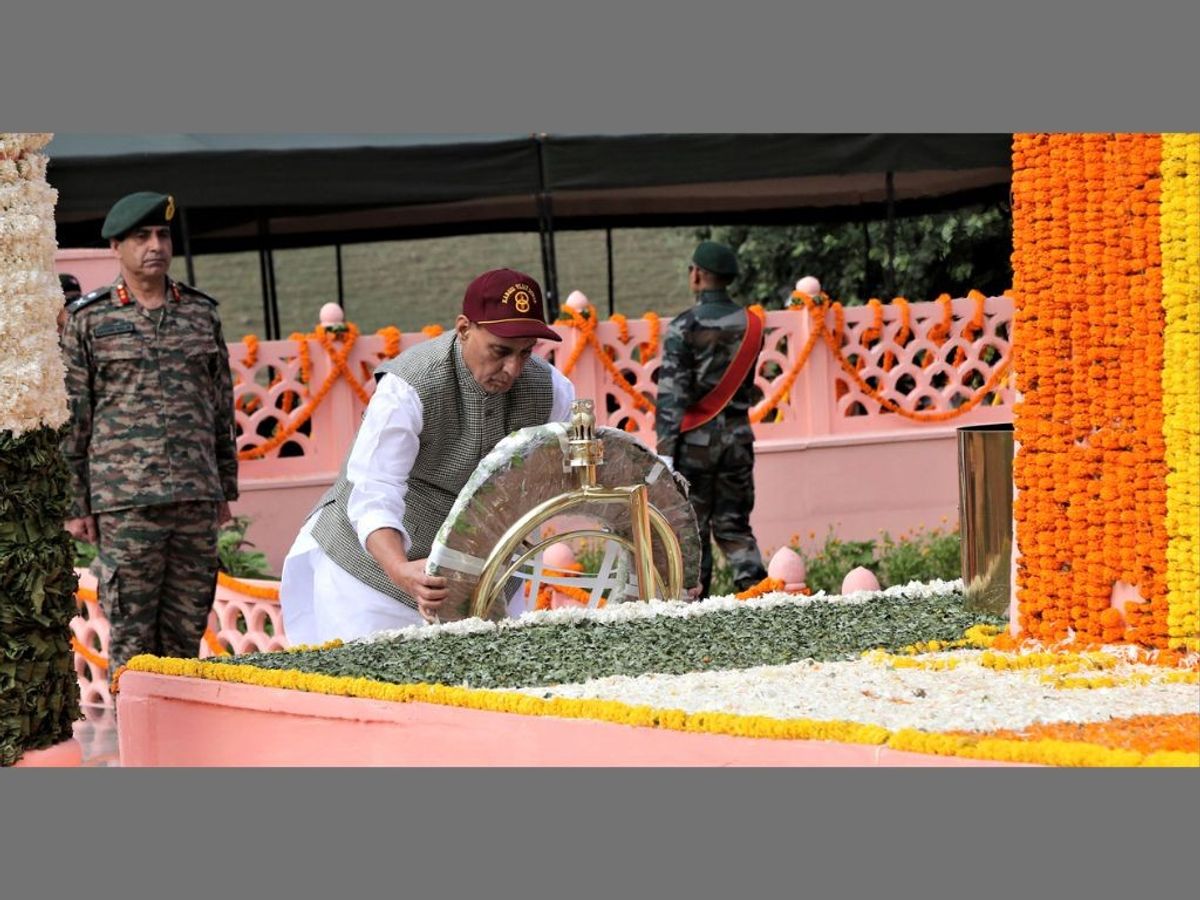 Indian defence minister Rajnath Singh lays wreath at Kargil War Memorial on the occasion of Kargil Vijay Diwas, in Drass in the Union Territory of Ladakh