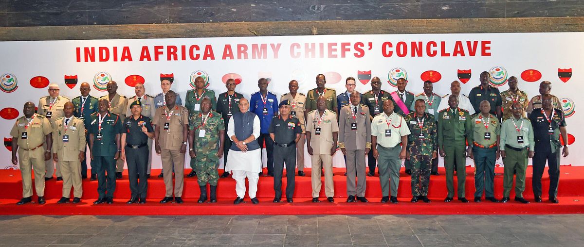 Indian defence minister Rajnath Singh (seventh from left in front row) with chief of the army staff, India, General Manoj Pande (to his left), and the chiefs and representatives of 31 African nations at the first edition of the India-Africa Army Chiefs’ Conclave in Pune