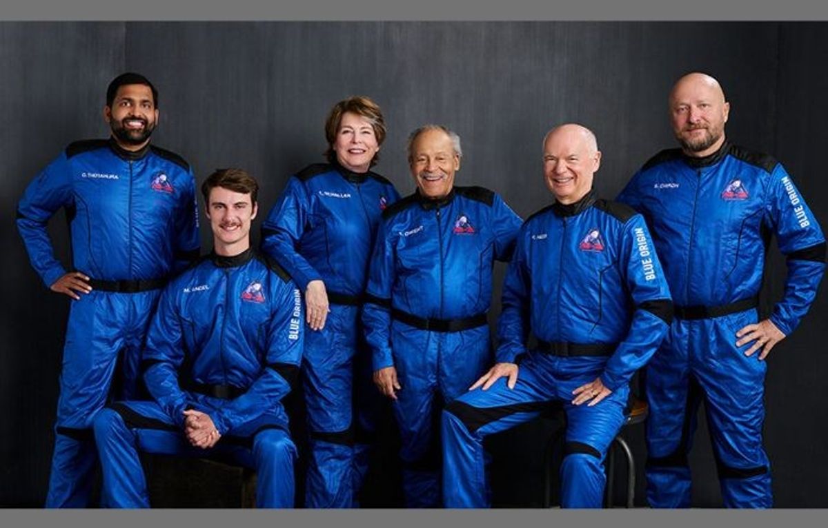 Indian entrepreneur and pilot Gopi Thotakura (extreme left) with crew members of Blue Origins private astronaut launch NS-25 mission, in Texas. Gopi on May 19, 2024,