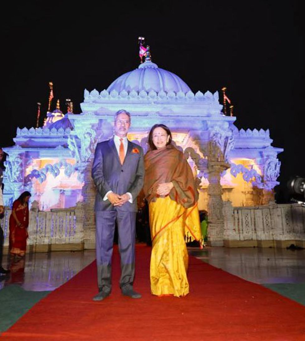 Indian external affairs minister S Jaishankar and wife Kyoko at BAPS Shri Swaminarayan Temple in London, UK.