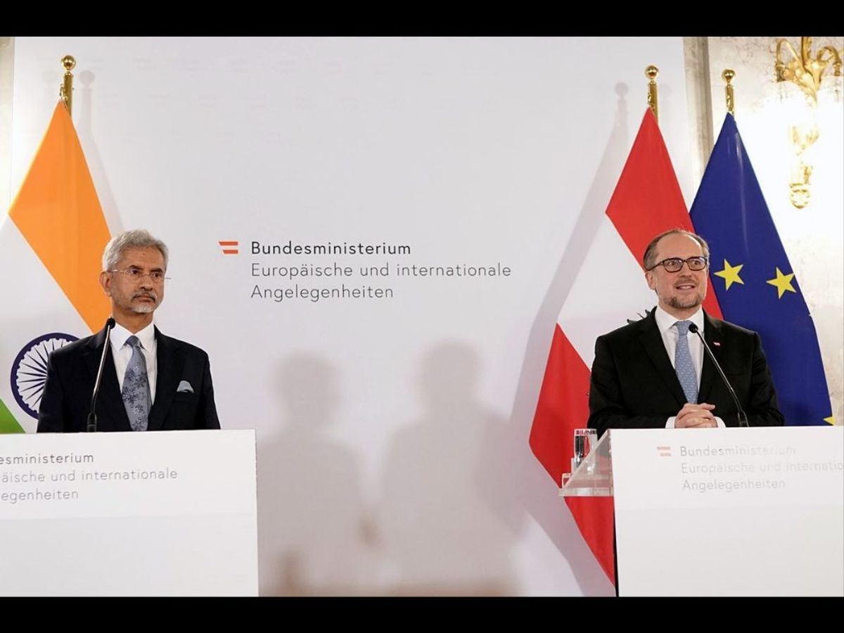 Indian external affairs minister Subrahmanyam Jaishankar addresses a meeting jointly with his Austrian counterpart Alexander Schallenberg