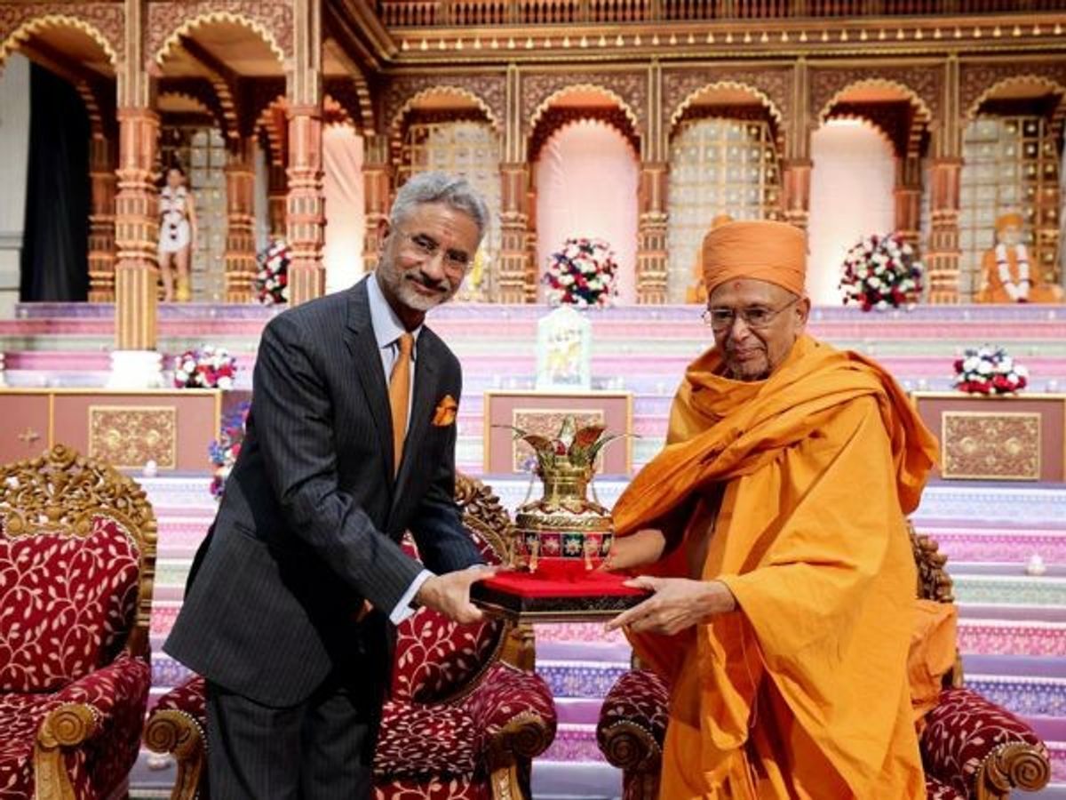 Indian external affairs minister Subrahmanyam Jaishankar at BAPS Shri Swaminarayan Temple in London