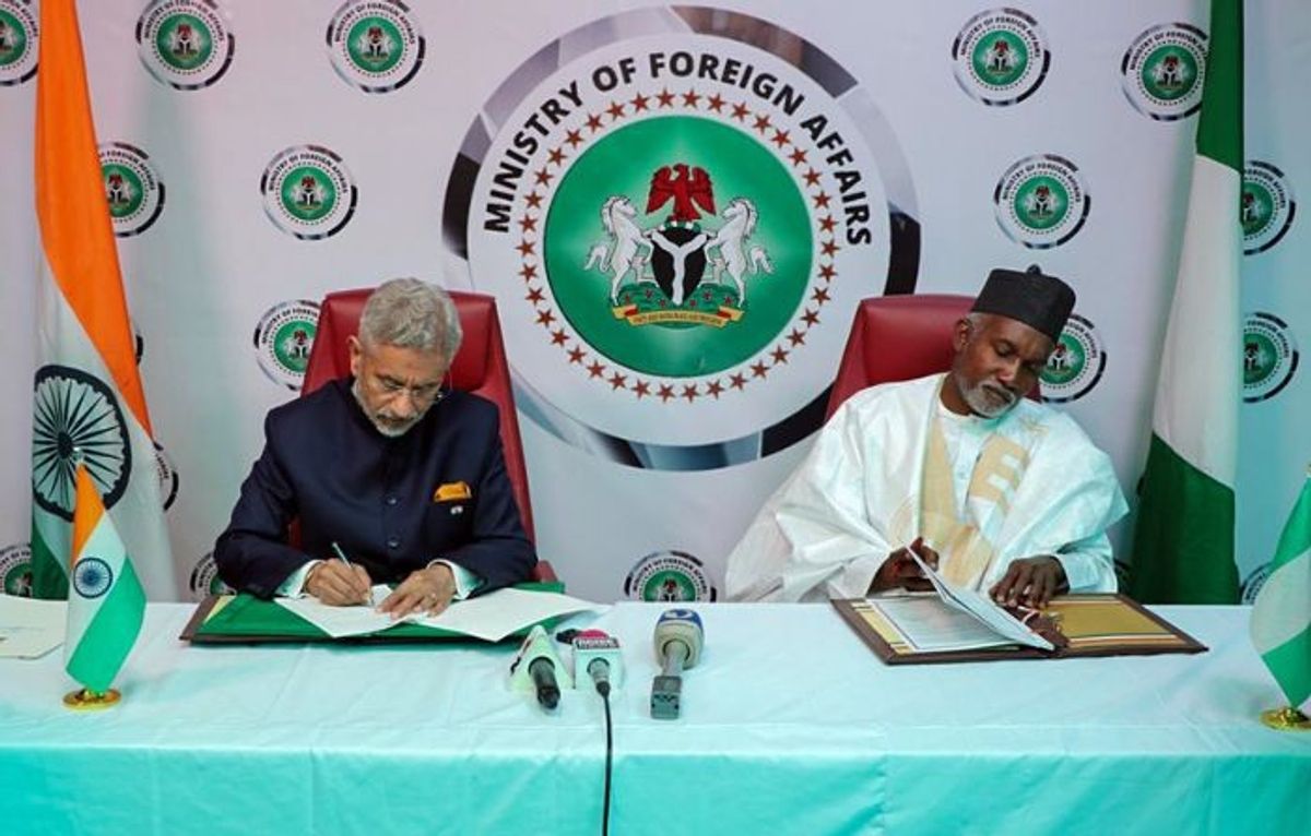 Indian external affairs minister Subrahmanyam Jaishankar (L) at the 6th India-Nigeria Joint Commission Meeting with his Nigerian counterpart Yusuf Maitama Tuggar, in Abuja, Nigeria