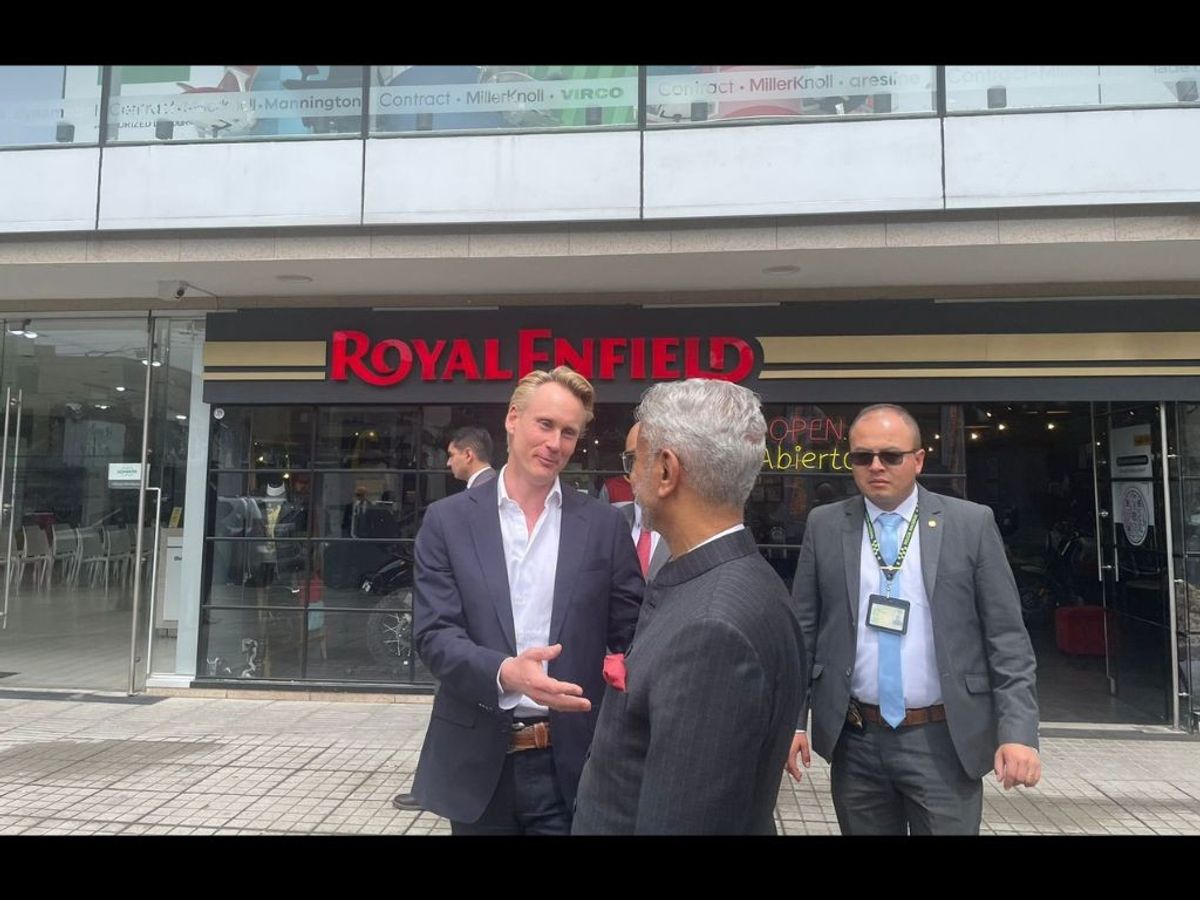 Indian external affairs minister Subrahmanyam Jaishankar n front of a Royal Enfield showroom in Bogota, Colombia