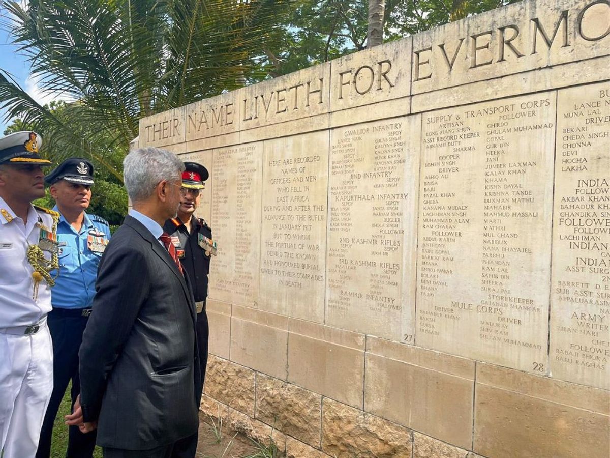 Indian external affairs minister Subrahmanyam Jaishankar pays homage to Indian soldiers at the Commonwealth War Memorial in Dar es Salaam, Tanzania,