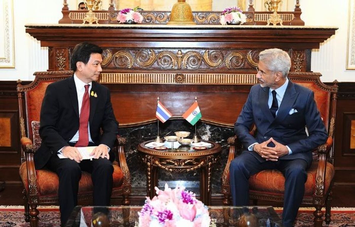Indian external affairs minister Subrahmanyam Jaishankar (R) with Thailand deputy prime minister Parnpree Bahiddha-Nukara during the 10th India-Thailand Joint Commission meeting