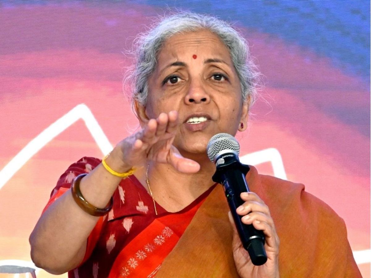 Indian finance minister Nirmala Sitharaman addresses the B20 Summit India 2023, in New Delhi