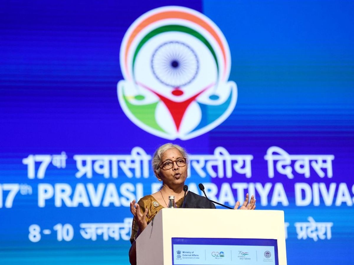 Indian finance minister Nirmala Sitharaman addresses the Indian diaspora on the final day of 17th Pravasi Bharatiya Divas Convention, in Indore in the central Indian state of Madhya Pradesh
