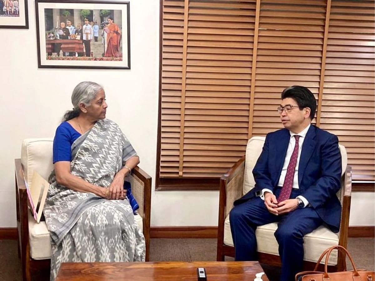 Indian finance minister Nirmala Sitharaman speaks with Hayashi Nobumitsu, governor, Japan Bank for International Cooperation (JBIC), in New Delhi
