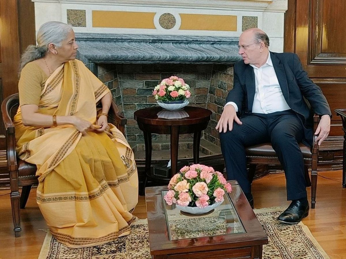 Indian finance minister Nirmala Sitharaman speaks with Mark Tucker, group chairman of HSBC Holdings, in New Delhi