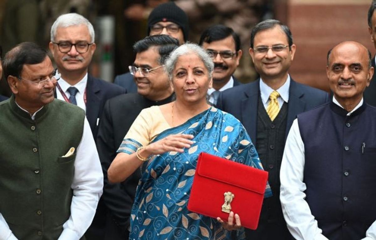 Indian finance minister Nirmala Sitharaman with other officials of the finance ministry ahead of presenting the interim budget 2024