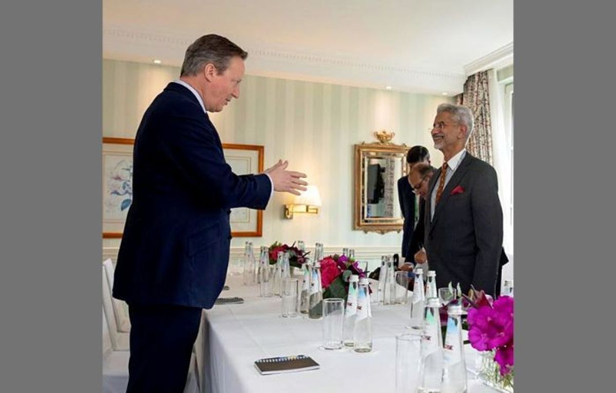 Indian foreign minister S Jaishankar speaks with UK foreign secretary David Cameron