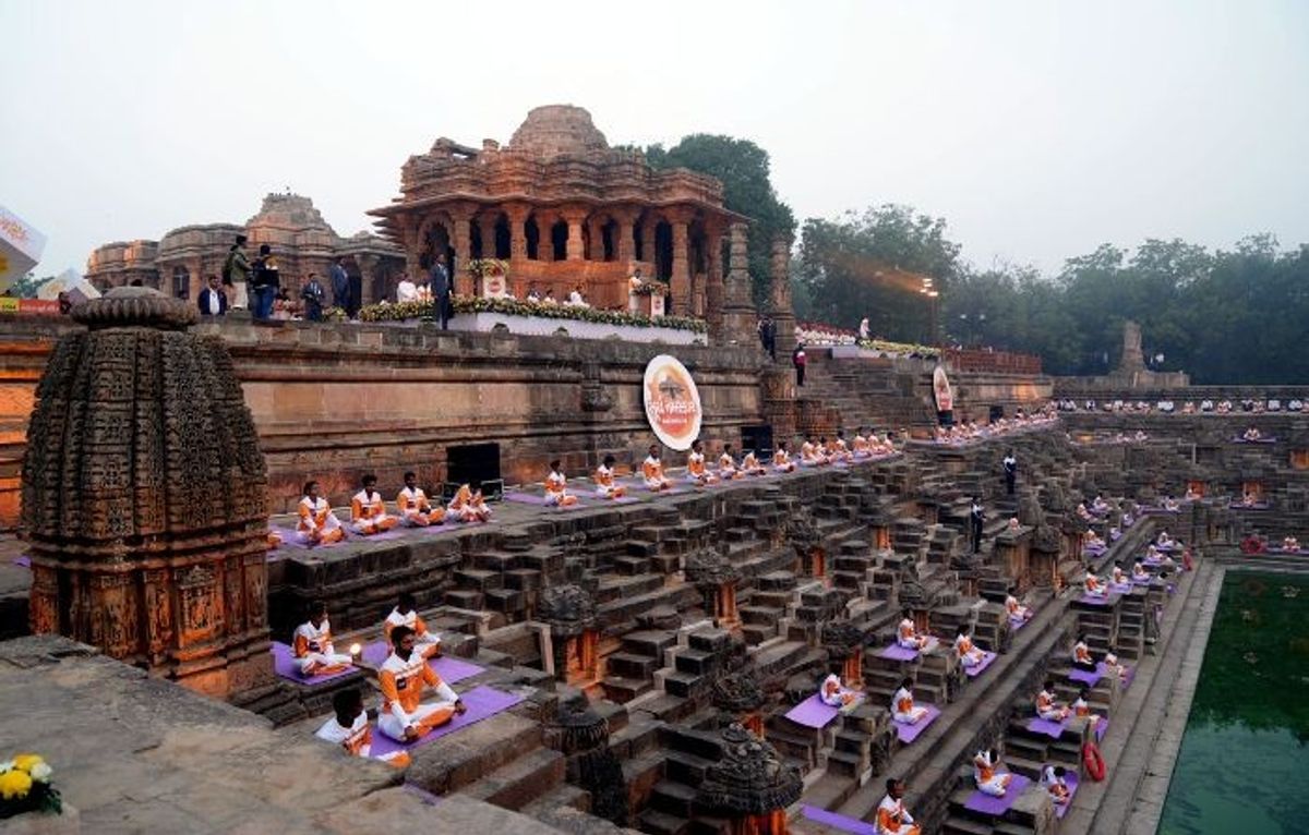 Indian home minister Amit Shah posted this picture on the X account as Gujarat set the Guinness Book of World Records for performing mass Surya Namaskar
