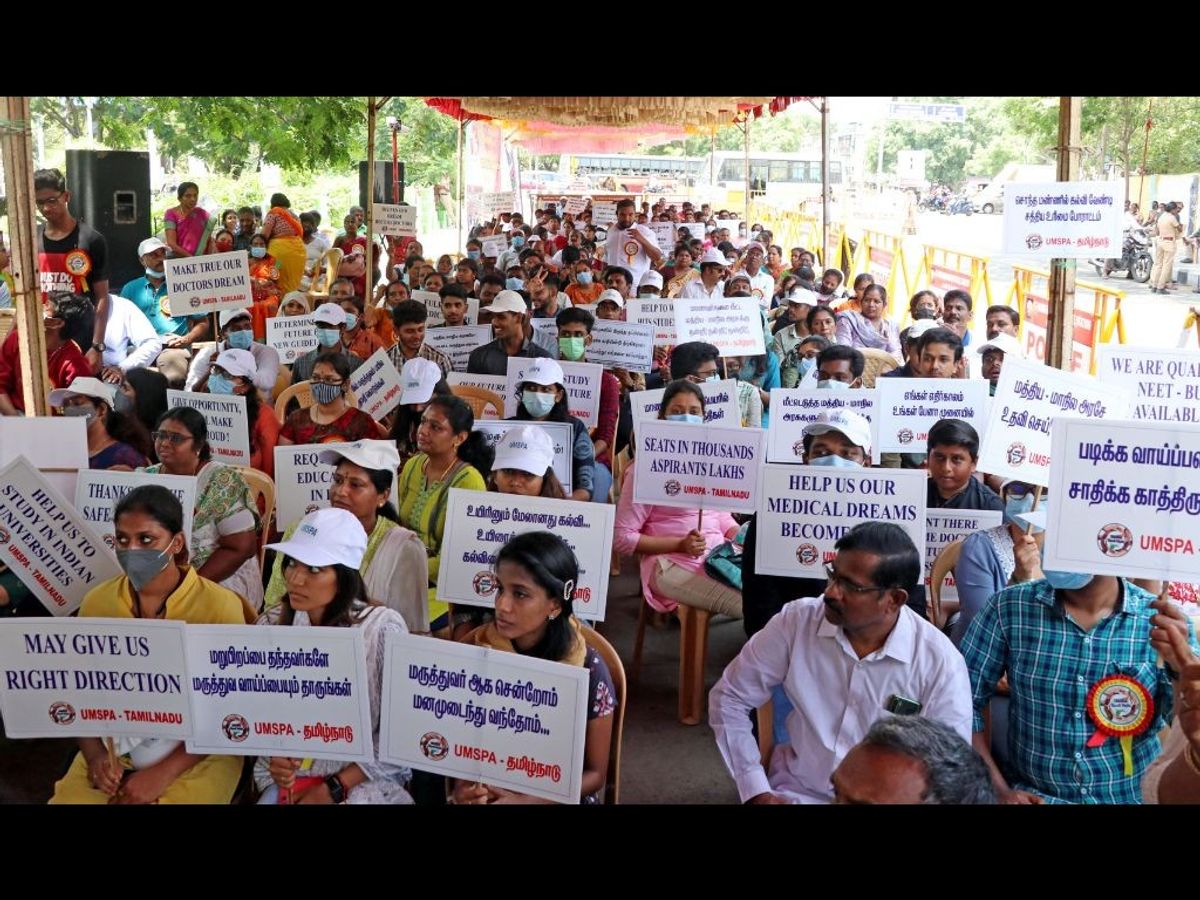 Indian medical students who left Ukraine after Russia's invasion at a protest in Chennai in May 2022